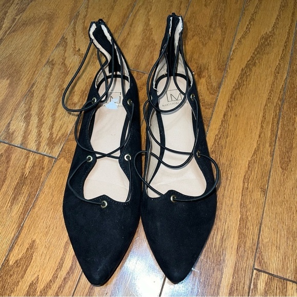 Material Girl Shoes - Material Girl Black Suede Mibby Pointed Toe Ballet Strappy Flats Size 7.5